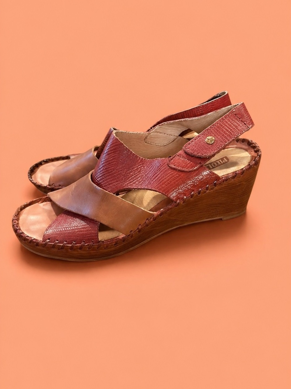 PIKOLINOS Burnt Red and Tan Leather Wedge Sandals